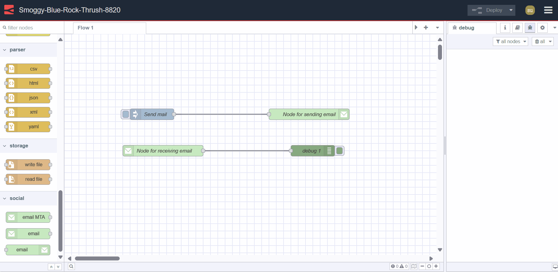 Screenshot displaying Node-RED flow: Sending and Receiving Emails using Node-RED "Screenshot displaying Node-RED flow: Sending and Receiving Emails using Node-RED"